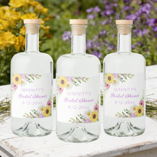 Bloemige Boho Zonnebloem Madeliefjes Bruidsdouche Likeurfles Etiket