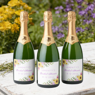 Bloemige Boho Zonnebloem Madeliefjes Bruidsdouche Sparkling Wijnetiket