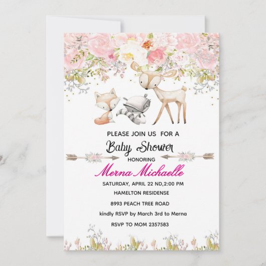 bloemige bosdier baby shower uitnodiging (Voorkant)