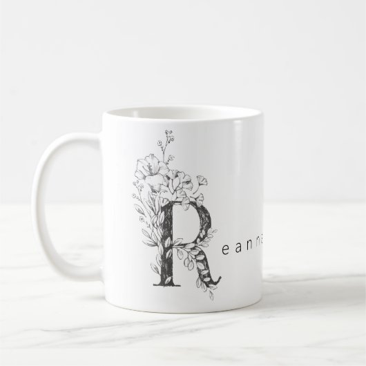Bloemige botanische monogram "R" Aangepaste tekst  Koffiemok (Links)