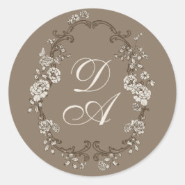 Bloemige bruine monogram ronde sticker