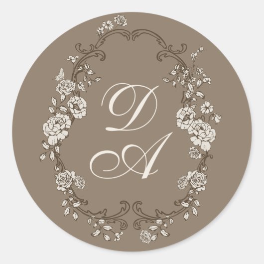 Bloemige bruine monogram ronde sticker (Voorkant)