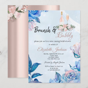 Bloemige Brunch & Bruisende Blauwe Bruidsuitnodigi Kaart