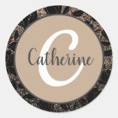 Bloemige Coffee Cream Elegante Monogram Naam Ronde Sticker (Voorkant)