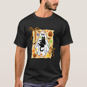 Bloemige Coquette Geest met Zwarte Kat Halloween T-shirt