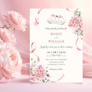 Bloemige Coquette Roze Strik Vintage Trouwen Kaart