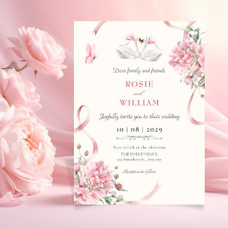 Bloemige Coquette Roze Strik Vintage Trouwen Kaart
