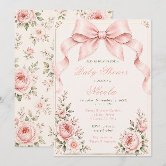 Bloemige Coquette Strik Baby Shower Kaart (Voorkant / Achterkant)