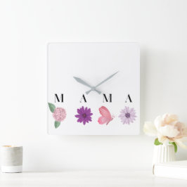 Bloemige cottagecore mama wanddecoratie, vlinder vierkante klok