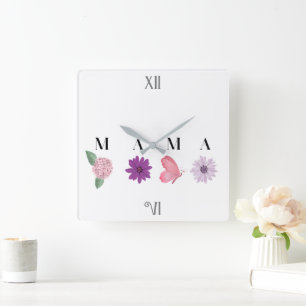 Bloemige cottagecore mama wanddecoratie vlinder vierkante klok