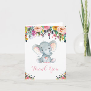 Bloemige Cute Olifant Baby Meisje Roze en Grijs Bedankkaart