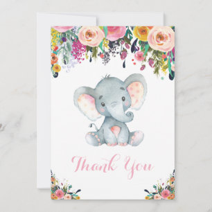 Bloemige Cute Olifant Baby Meisje Roze en Grijs Bedankkaart