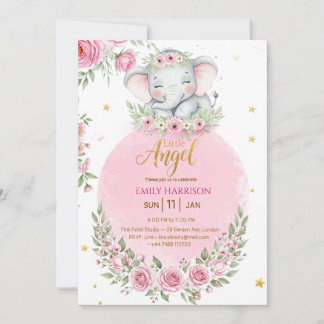 Bloemige Cute Olifant Meisje Baby Shower Uitnodigi