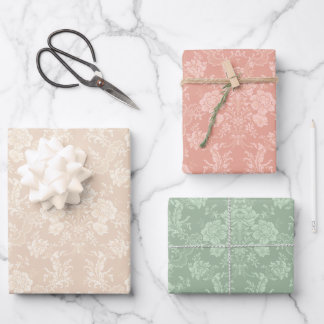  bloemige Damask-pastelperzik, groen, crème Inpakpapier Vel
