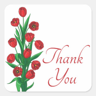 Bloemige Dank Je Rode Tulp Bloemen Bruiloft Feest Vierkante Sticker