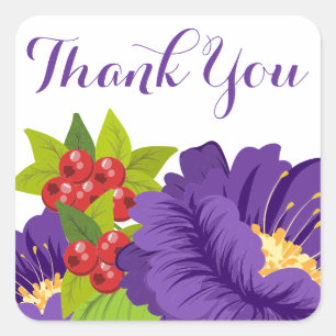 Bloemige Dank Je Wel Paarse Bloemen Bruiloftsfeest Vierkante Sticker