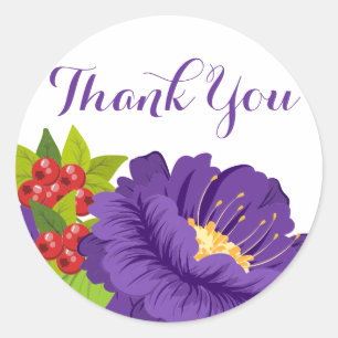 Bloemige Dank Je Wel Paarse Bloemen Trouwfeest Ronde Sticker