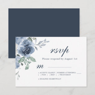 Bloemige donkerblauwe ivoren roos bruiloft RSVP  Kaartje