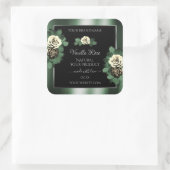 Bloemige donkergroene zwarte productlabels bladrij vierkante sticker (Tas)