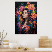 Bloemige Drip Art Portret Levendige Vrouw Poster (Keuken)