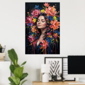 Bloemige Drip Art Portret Levendige Vrouw Poster (Thuiskantoor)