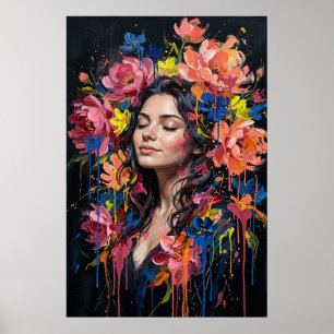 Bloemige Drip Art Portret Levendige Vrouw Poster