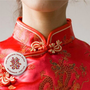 Bloemige Dubbel Geluk Chinese Bruiloft Naamkaartje Ronde Button 5,7 Cm