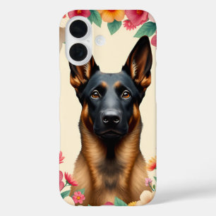 Bloemige Duitse Herdersportret Elegantie iPhone 16 Hoesje