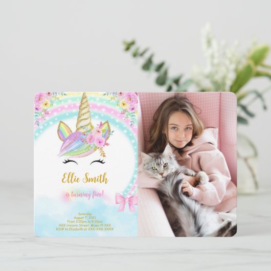 Bloemige Eenhoorn Foto Uitnodiging (Staand voorkant)