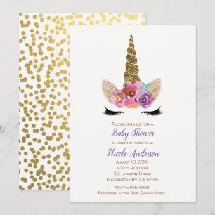 Bloemige Eenhoorn Hoorn Gouden Confetti Baby Showe Kaart