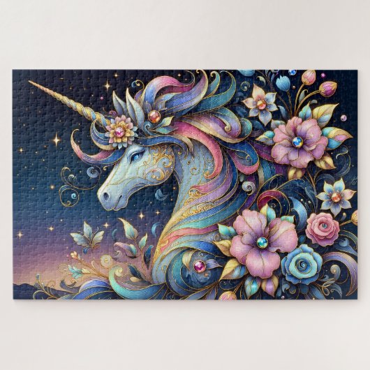 Bloemige Eenhoorn Nacht Fantasie Legpuzzel (Horizontaal)