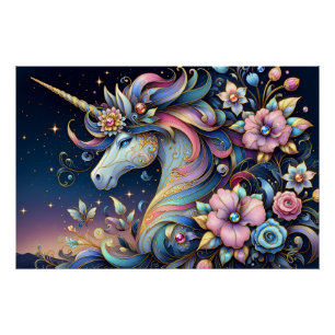 Bloemige Eenhoorn Nacht Fantasie Perfect Poster