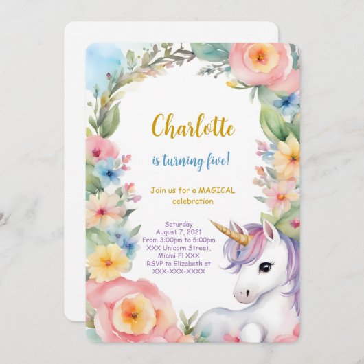 Bloemige Eenhoorn Verjaardag Kaart (Voorkant / Achterkant)