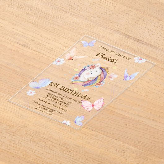  Bloemige Eenhoorn Vlinders Gestreepte Verjaardag  Acryl Uitnodigingen (Laagn)
