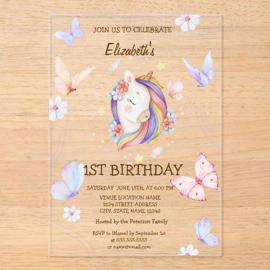  Bloemige Eenhoorn Vlinders Gestreepte Verjaardag  Acryl Uitnodigingen (Voorkant)