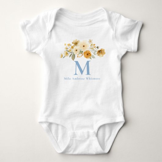 Bloemige eerste baby-body | Blauwe monogramnaam Romper (Voorkant)