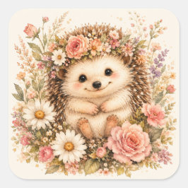 Bloemige Egel Watercolor Kunst Vierkante Sticker