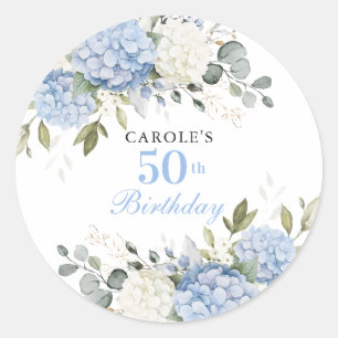 Bloemige Elegante Blauwe Hortensia 50e Verjaardags Ronde Sticker