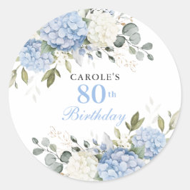 Bloemige Elegante Blauwe Hortensia 80ste Verjaarda Ronde Sticker