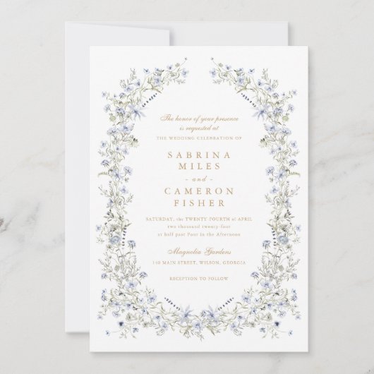 Bloemige Elegante Blauwe Krans Wilde Bloemen Bruil Kaart (Voorkant)