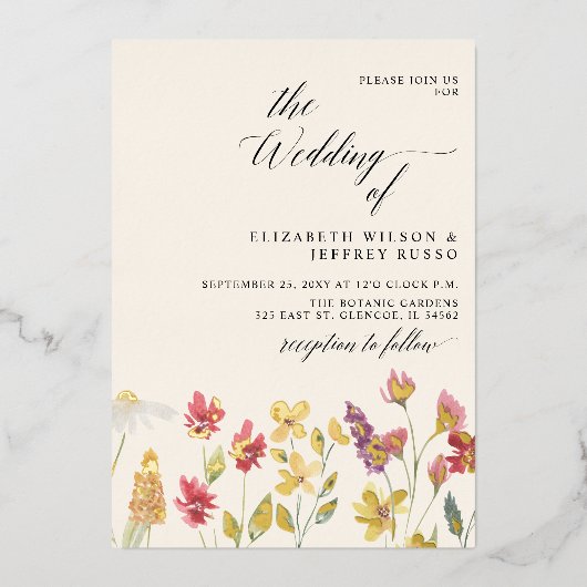 Bloemige Elegante Boho Zomer Wilde Bloemen Bruilof Folie Uitnodiging (Voorkant)