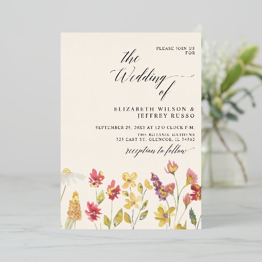 Bloemige Elegante Boho Zomer Wilde Bloemen Bruilof Folie Uitnodiging (Staand Voorkant)