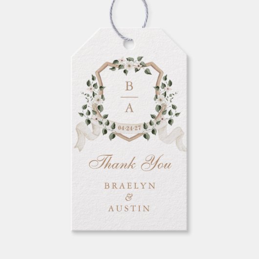 Bloemige Elegante Groene Klimop Crest Bedankt Cadeaulabel (Voorkant)