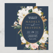 Bloemige Elegante Magnolia Blush Navy Neutraal Kaart (Voorkant / Achterkant)