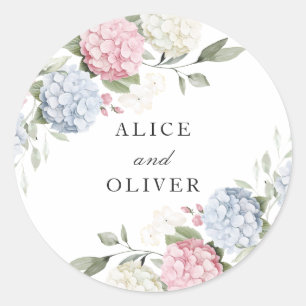 Bloemige Elegante Roze & Blauwe Hortensia Envelop Ronde Sticker
