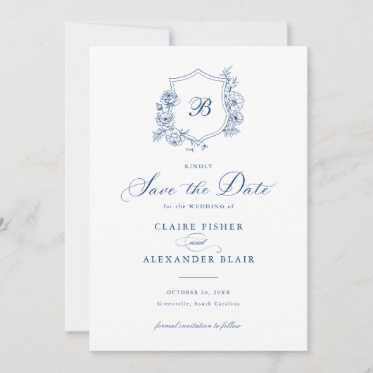 Bloemige Elegante Rozen Wapen Monogram Save the Da Kaart (Voorkant)