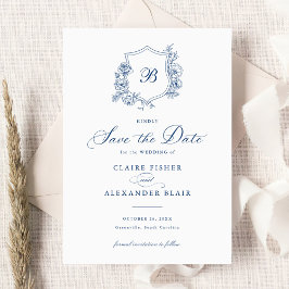 Bloemige Elegante Rozen Wapen Monogram Save the Da Kaart