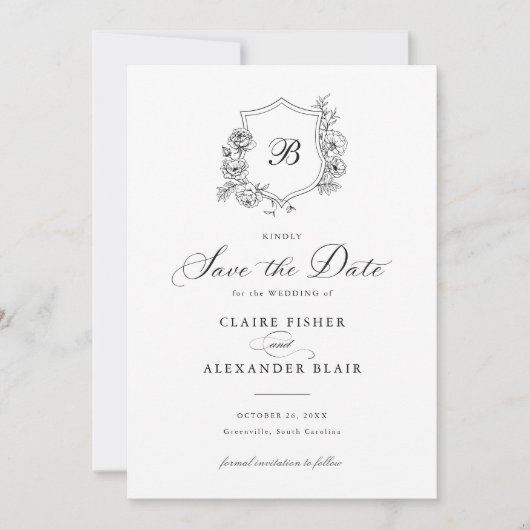 Bloemige Elegante Rozen Wapen Monogram Save the Da Kaart (Voorkant)