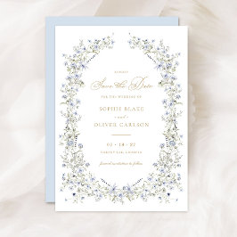 Bloemige Elegante Stofblauwe Krans Save the Date Kaart