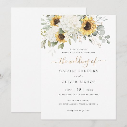 Bloemige Elegante Witte Hortensia Zonnebloemen Bru Kaart (Voorkant / Achterkant)